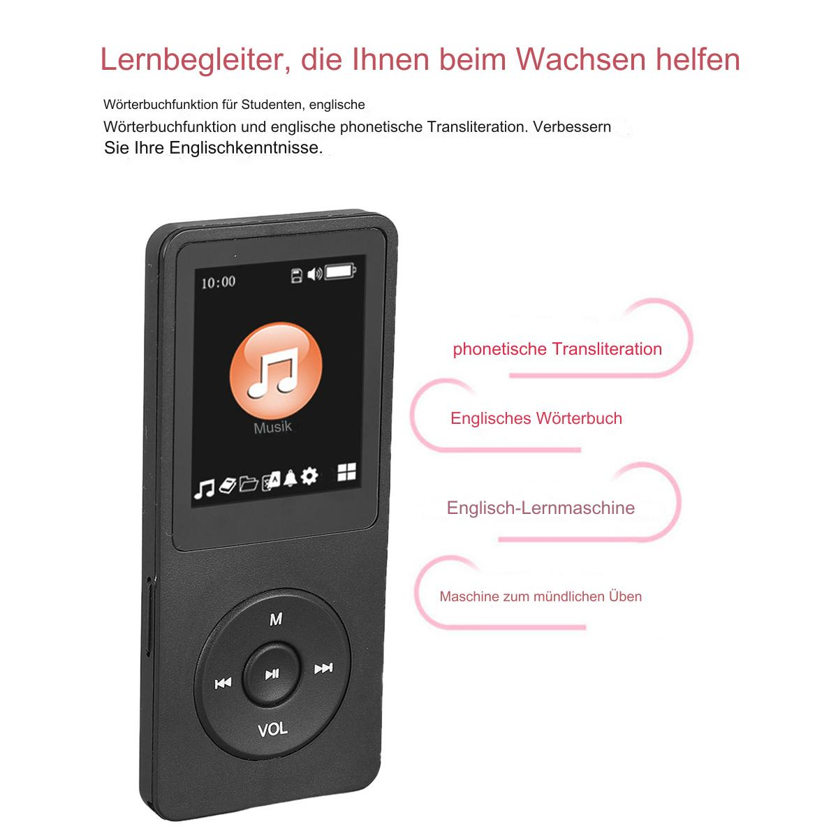Schwarzer MP3-Player mit Bildschirm, Tasten und Beschriftungen, mit Text zur Lernunterstützung.