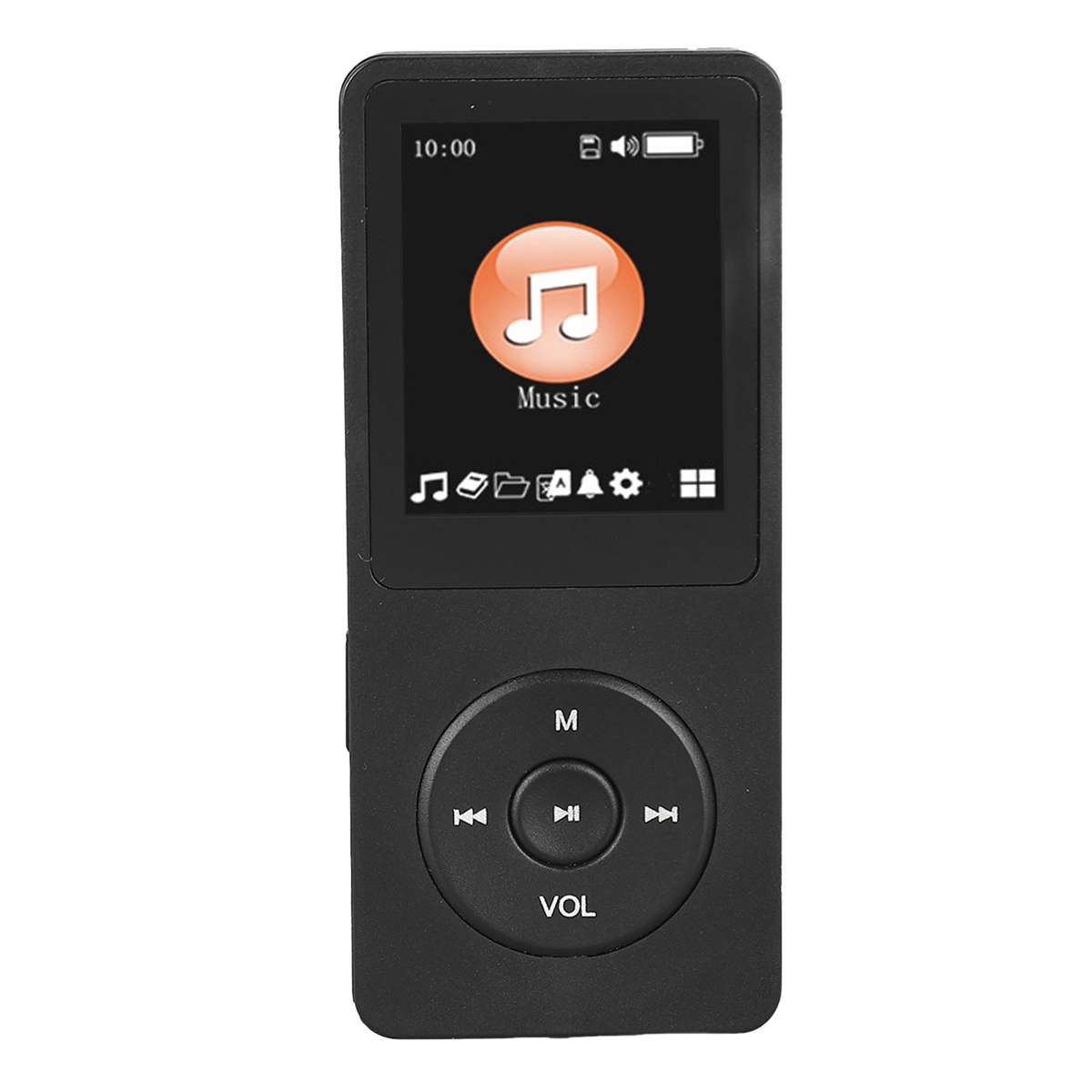 Ein schwarzer MP3-Player, der ein Musiksymbol auf seinem Bildschirm anzeigt. Es hat Steuertasten: Abspielen, Überspringen, Lautstärke.
