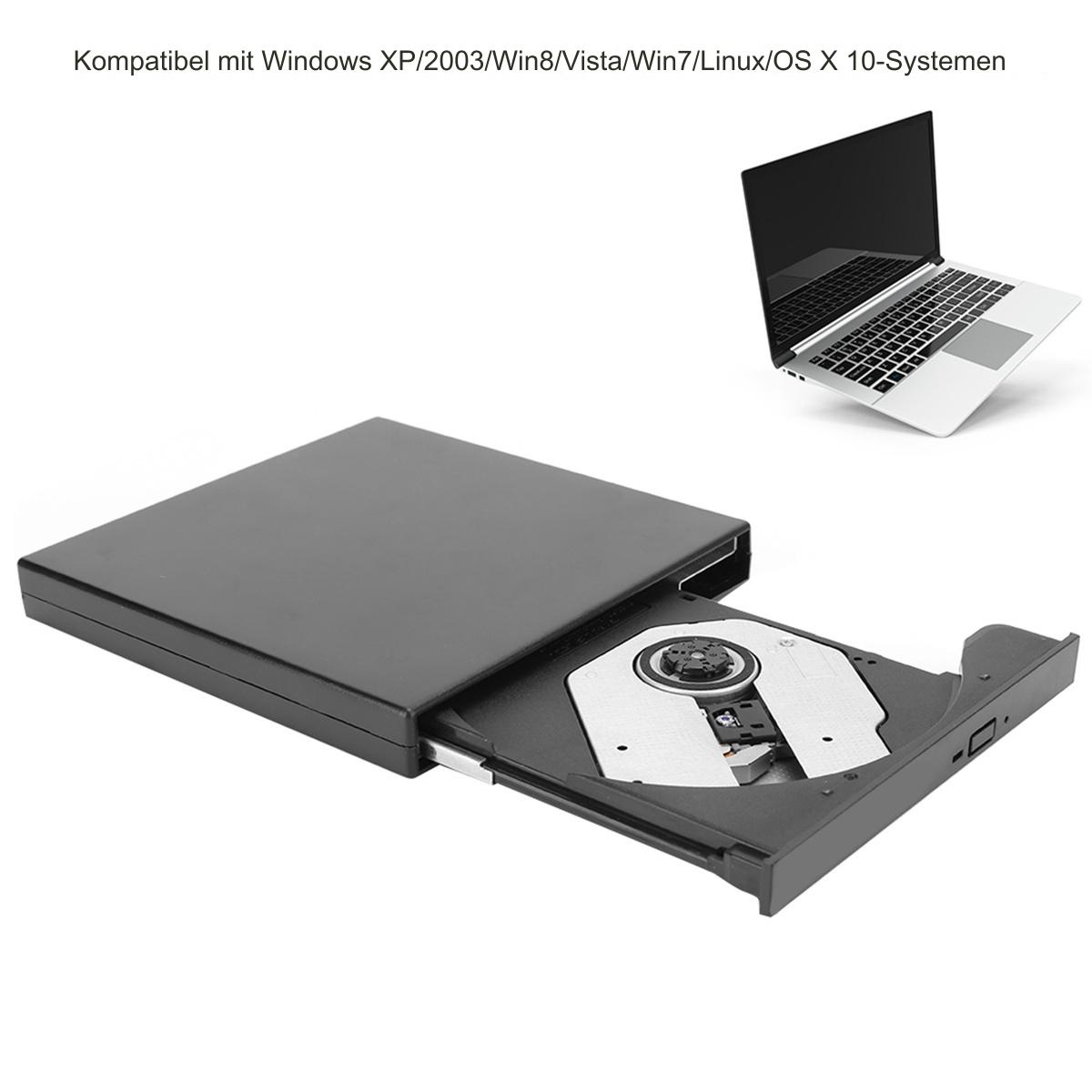 Schwarzes externes DVD-Laufwerk neben einem Laptop. Das Fach des Laufwerks ist geöffnet. Text oben besagt, dass es kompatibel ist.