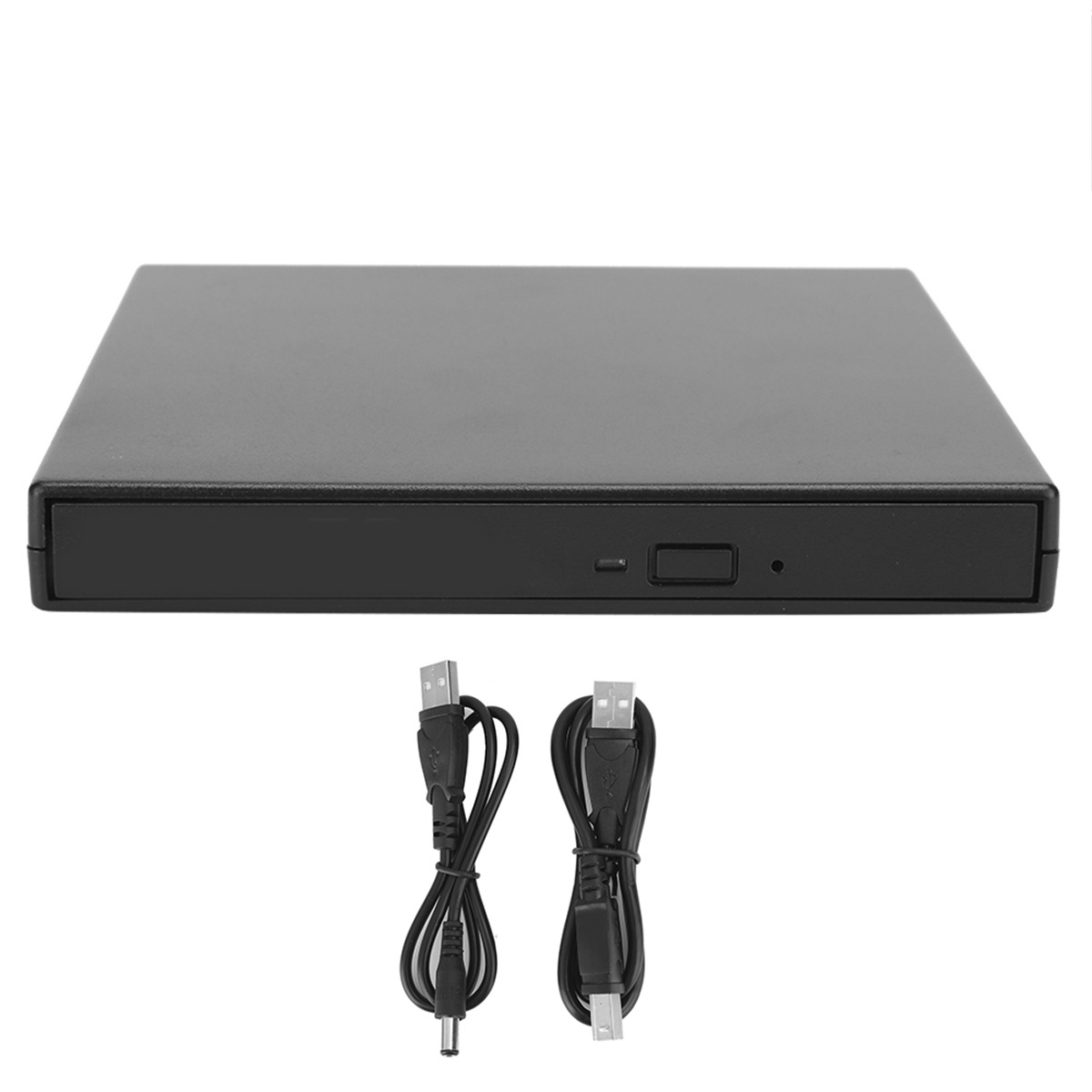 Ein schwarzes externes DVD-Laufwerk mit USB-Kabeln darunter.