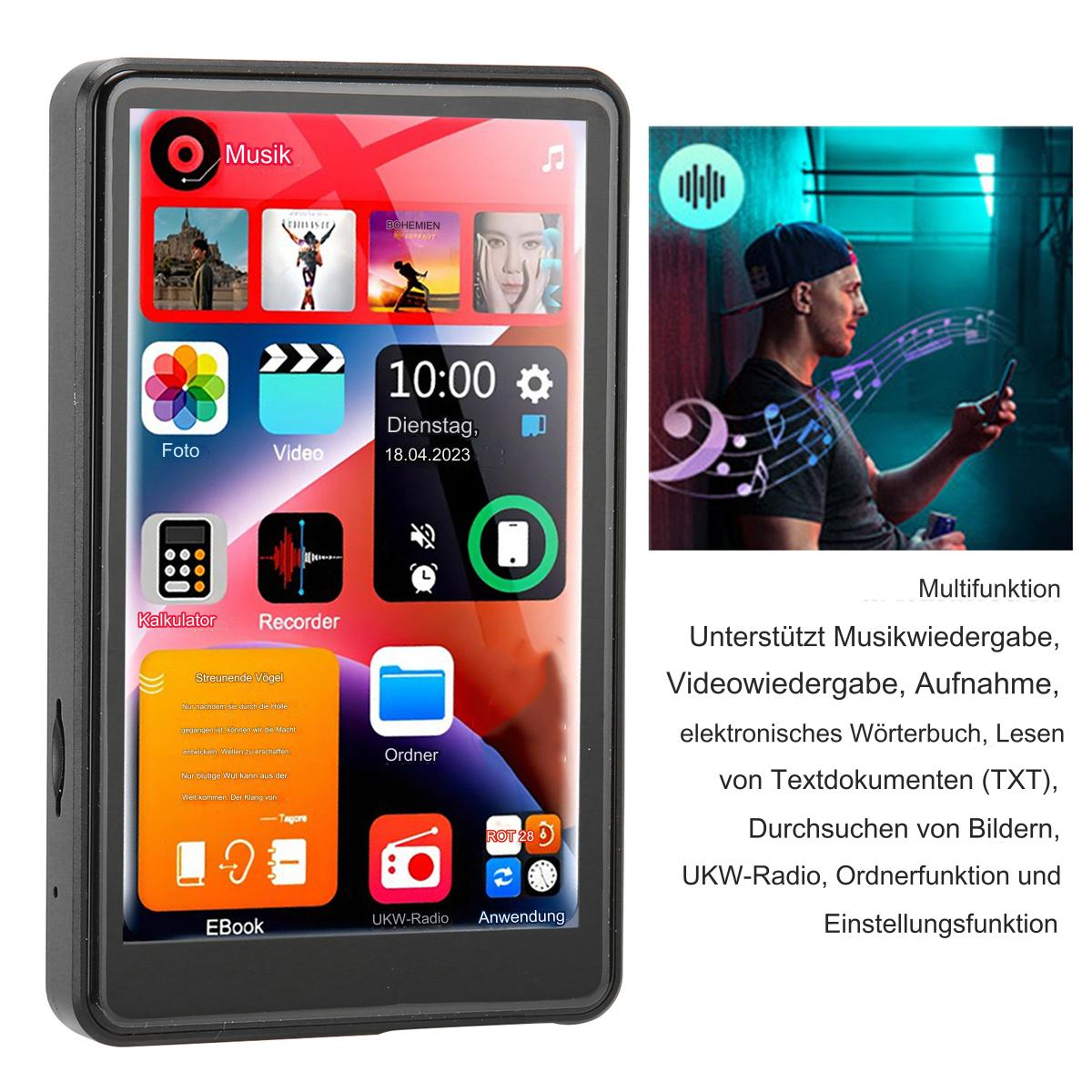Ein tragbarer Mediaplayer mit Touchscreen, der Musikoberfläche und App-Symbole zeigt, und ein Mann, der ihn benutzt.
