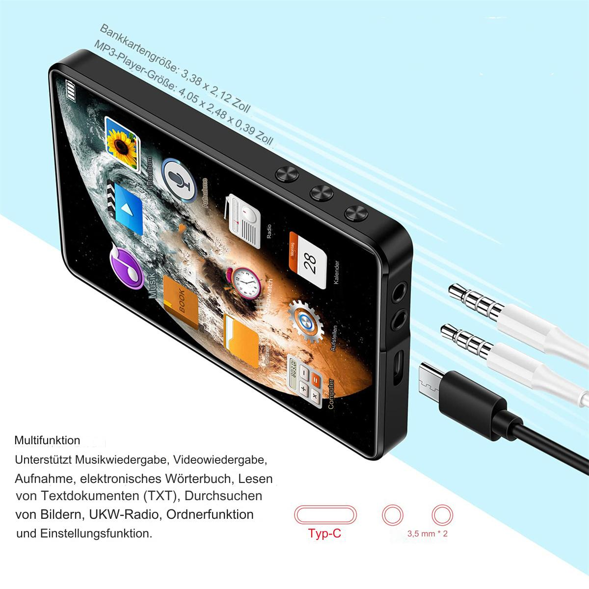 Schwarzer MP3-Player, weiße Kabel und Text mit einigen Symbolen.
