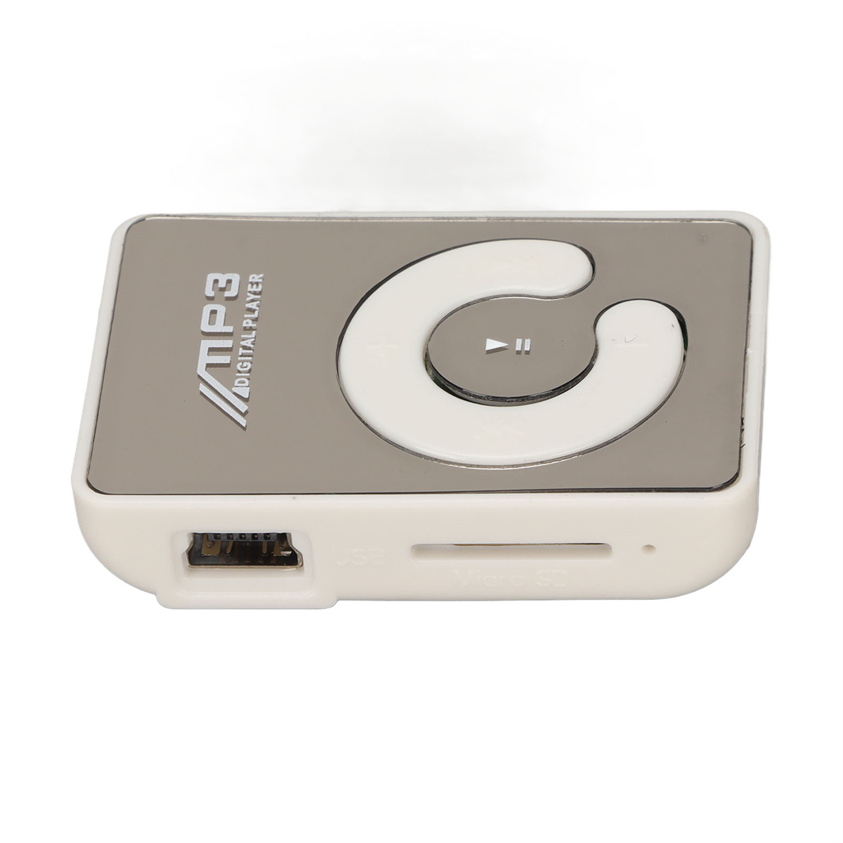 Ein kleiner weißer digitaler MP3-Player mit silbernen Akzenten. Er hat einen USB-Anschluss und Knöpfe.