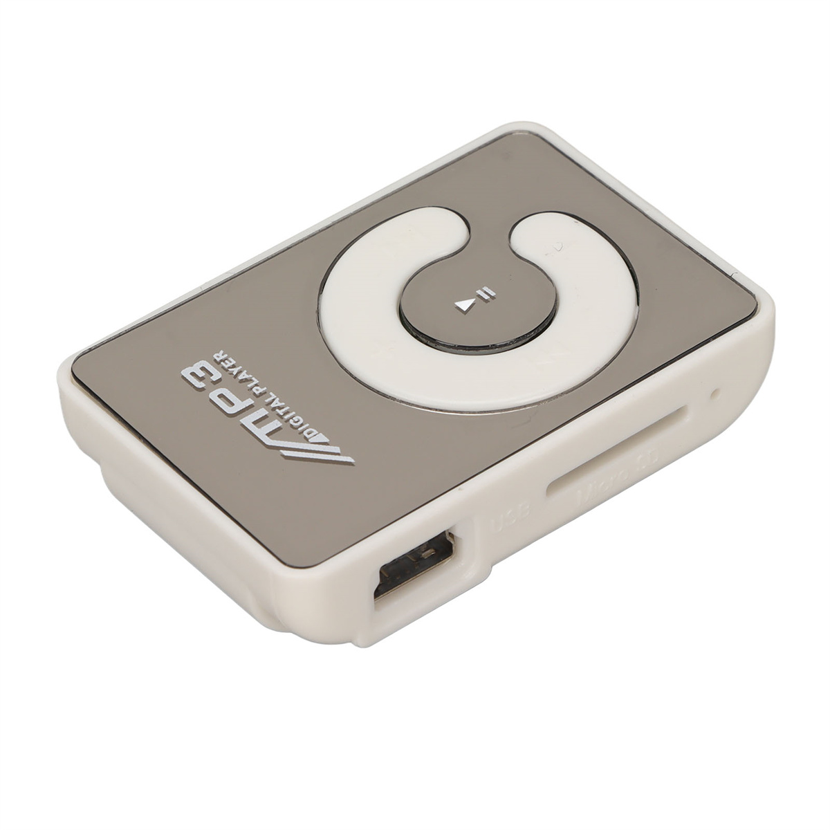 Ein kleiner, silber-weißer MP3-Player mit kreisförmiger Steuerung und SD-Kartensteckplatz.