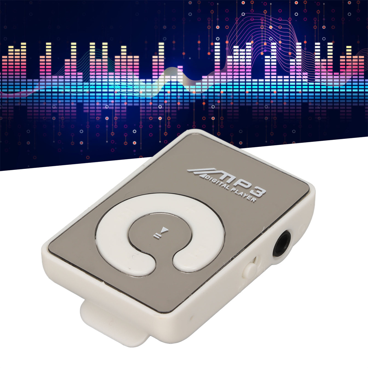 Ein kleiner weißer MP3-Digitalplayer mit einem metallisch grauen Mittelteil und einer Play-Taste.