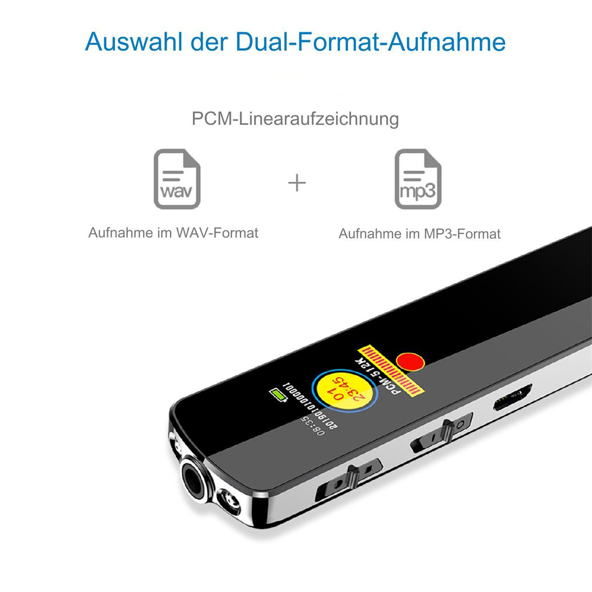 Ein schwarzer Sprachrekorder mit Bildschirm und Symbolen, der WAV- und MP3-Formate anzeigt.