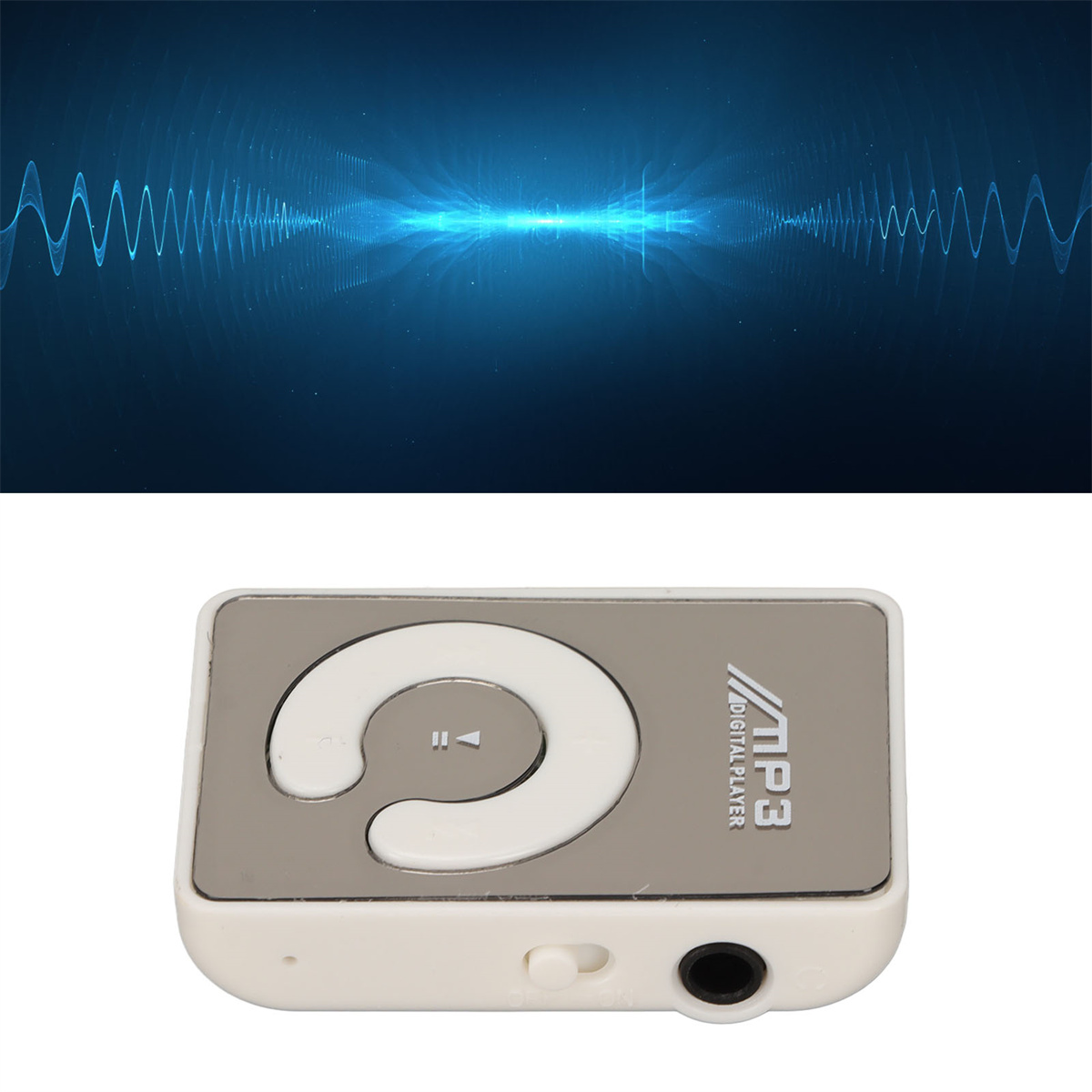 Ein MP3-Player, silber und weiß, mit Ohrhörer. Hintergrund zeigt blaue Schallwellen.
