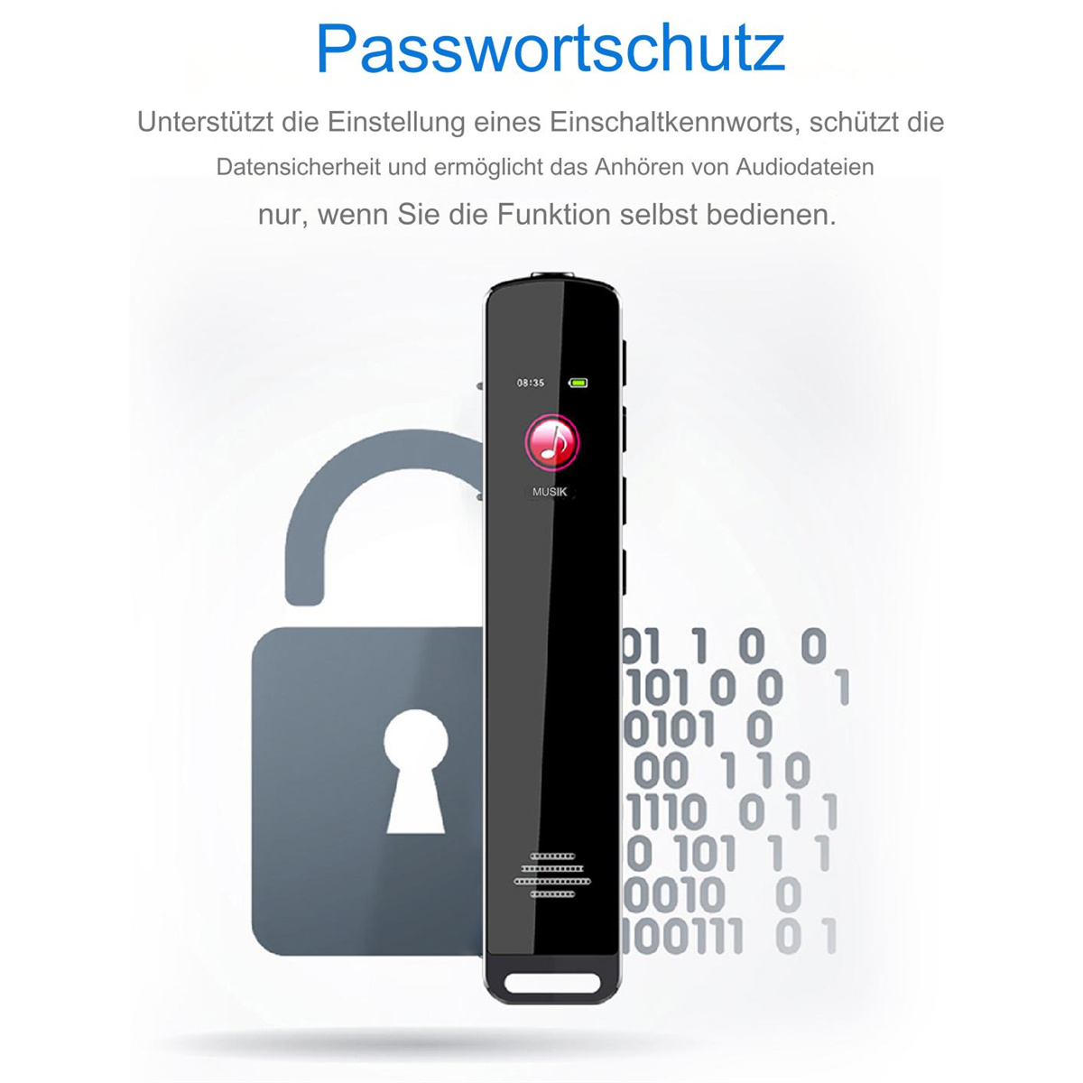Digitales Aufnahmegerät mit Schlossgrafik. Text: Passwordschutz.