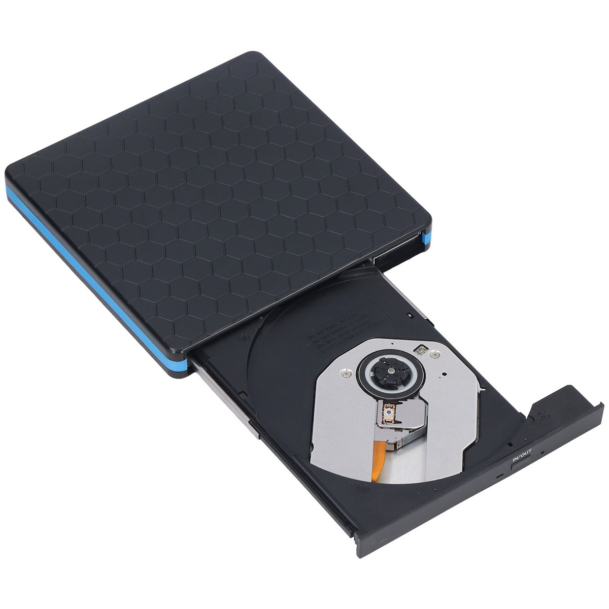 Externes DVD-Laufwerk in Schwarz und Blau, geöffnet, um das Laufwerk und die Komponenten zu zeigen.