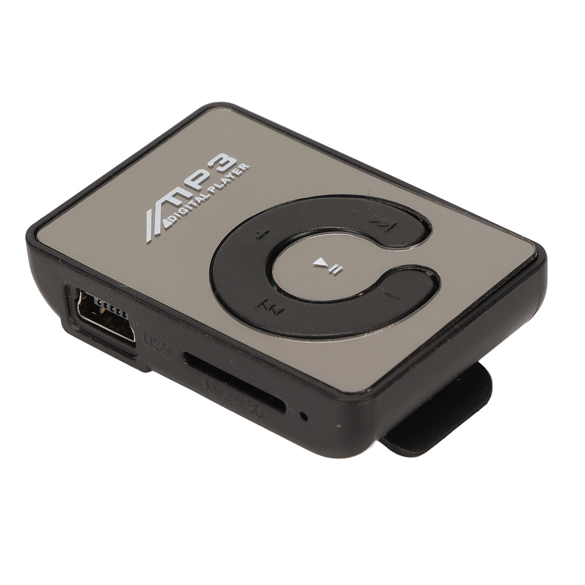 Silberner MP3-Player mit Steuertasten. Es hat einen USB-Anschluss und einen Micro-SD-Steckplatz.