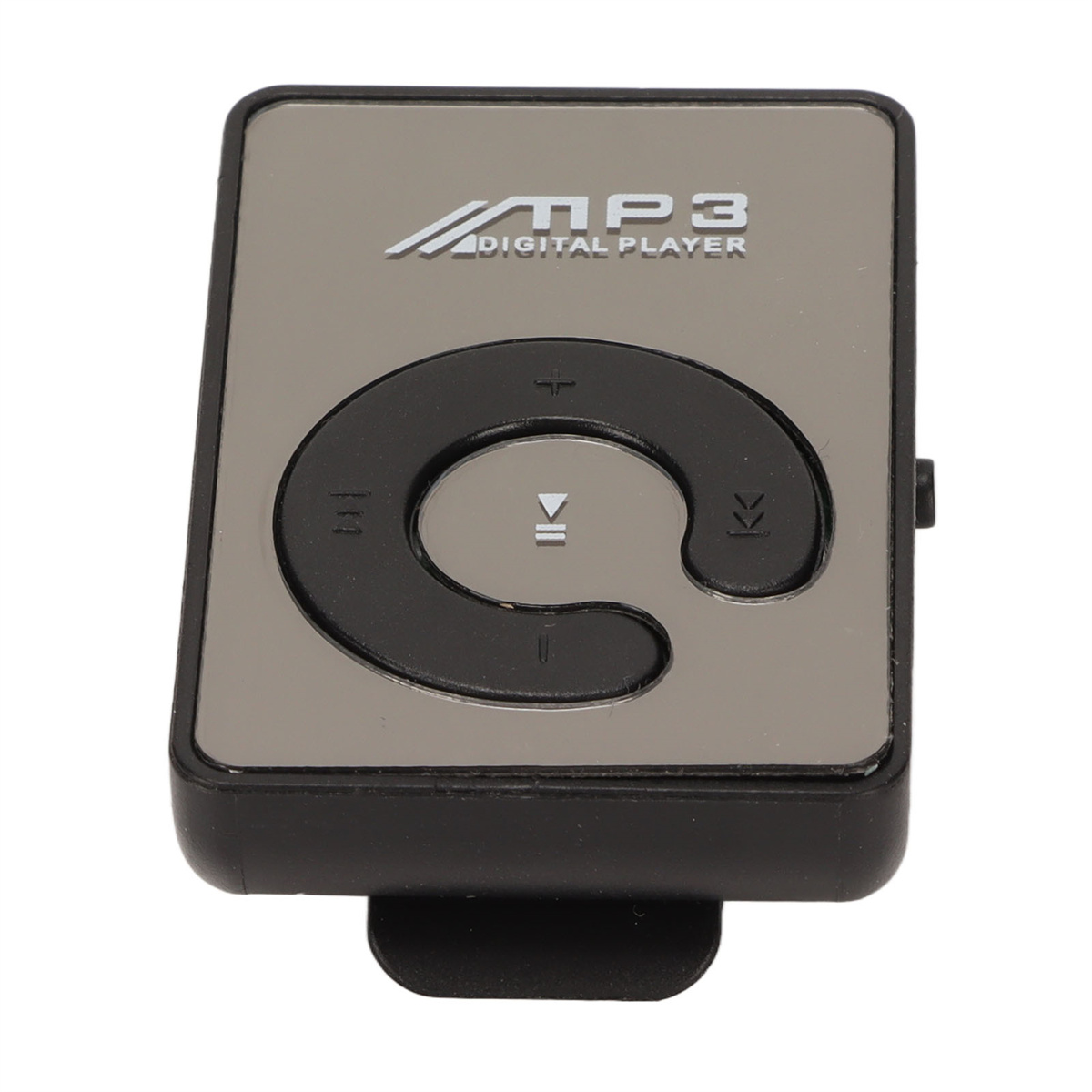 Ein grauer MP3-Player mit Clip. Es hat Wiedergabesteuerungstasten.