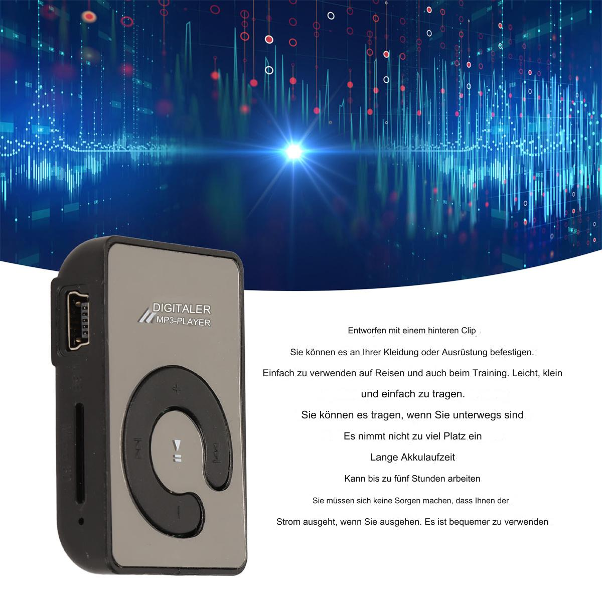 Silberner MP3-Player mit kreisförmiger Steuertaste. Text ist auf Deutsch. Er hat einen Clip.