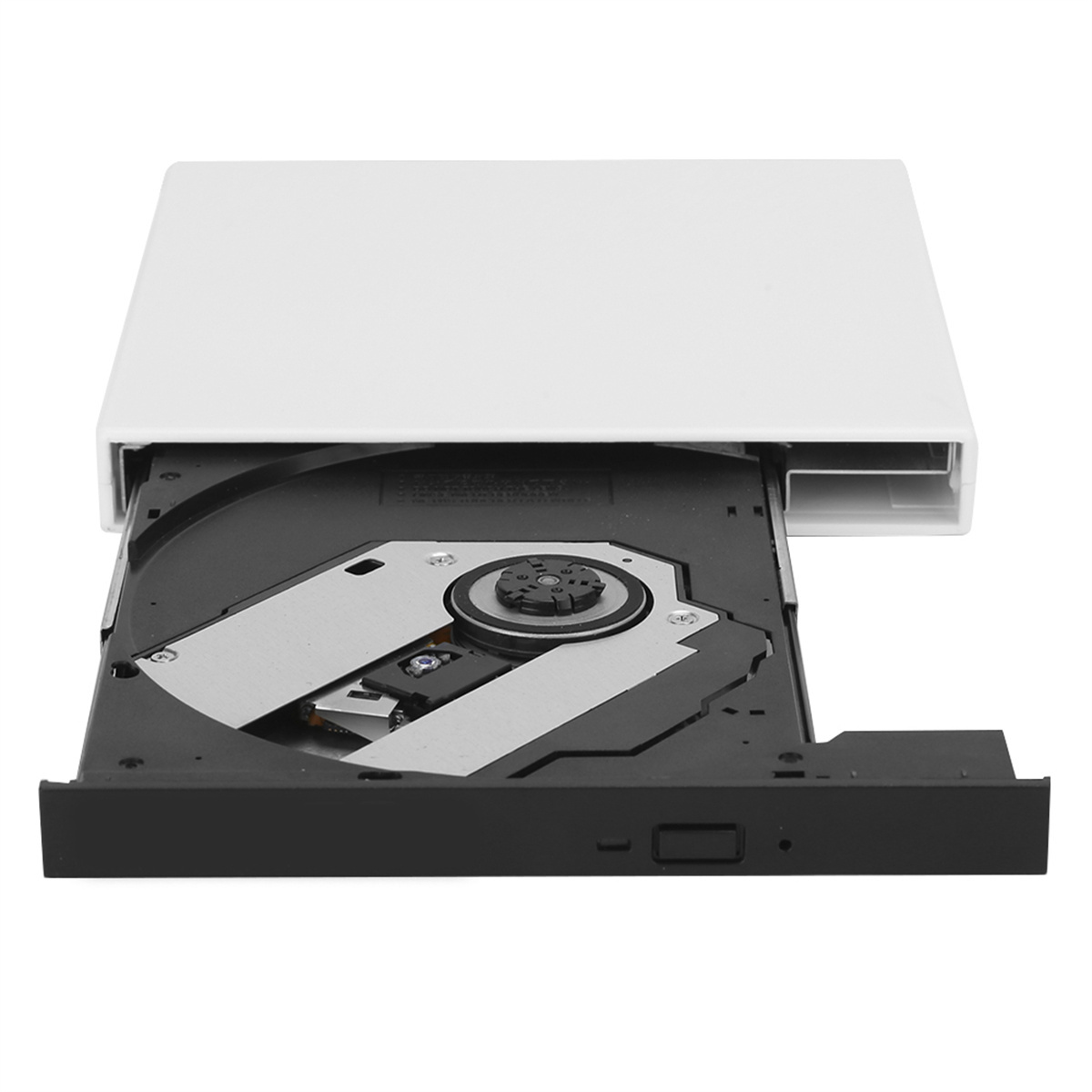 Ein externes weißes CD/DVD-Laufwerk mit geöffnetem Fach, das die inneren Mechanismen zeigt.