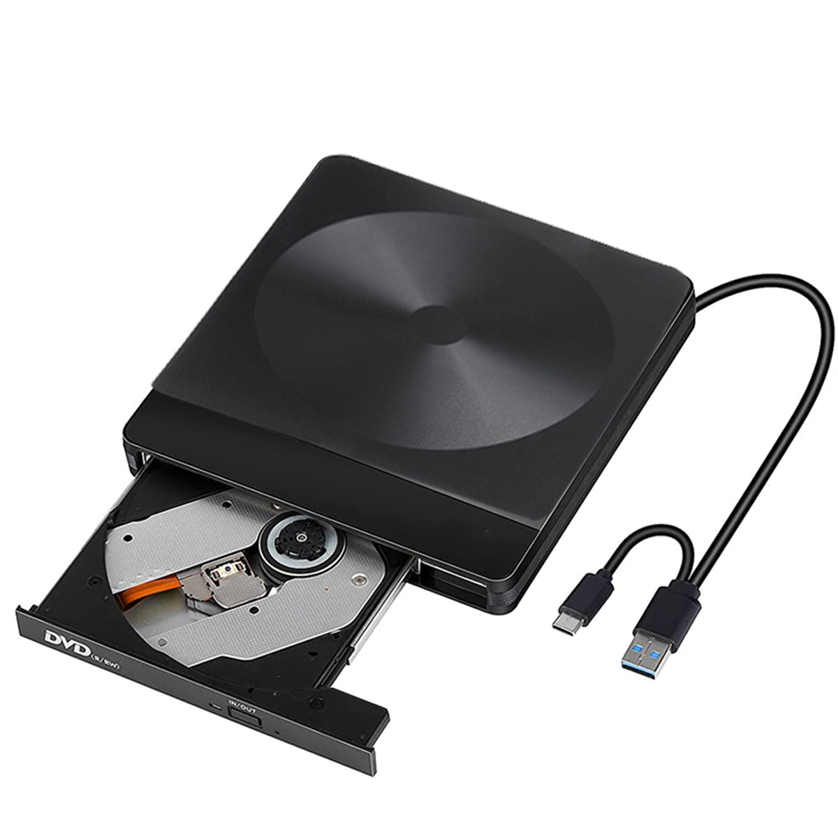 Schwarzes externes DVD-Laufwerk mit USB-Kabel und geöffnetem Laufwerk.