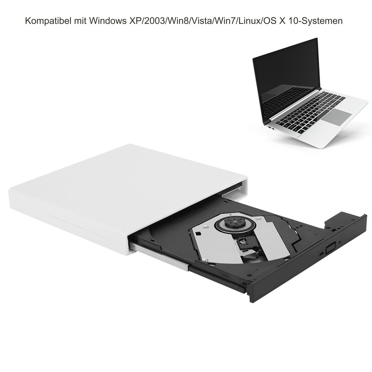 Weißes DVD-Laufwerk, im Hintergrund ein Laptop. Das Laufwerk ist offen und leer.