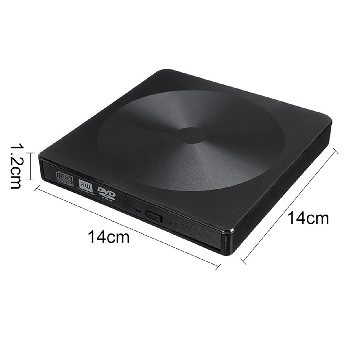 Ein schwarzes, quadratisches externes DVD-Laufwerk. Abmessungen 14cm x 14cm x 1,2cm sind beschriftet.