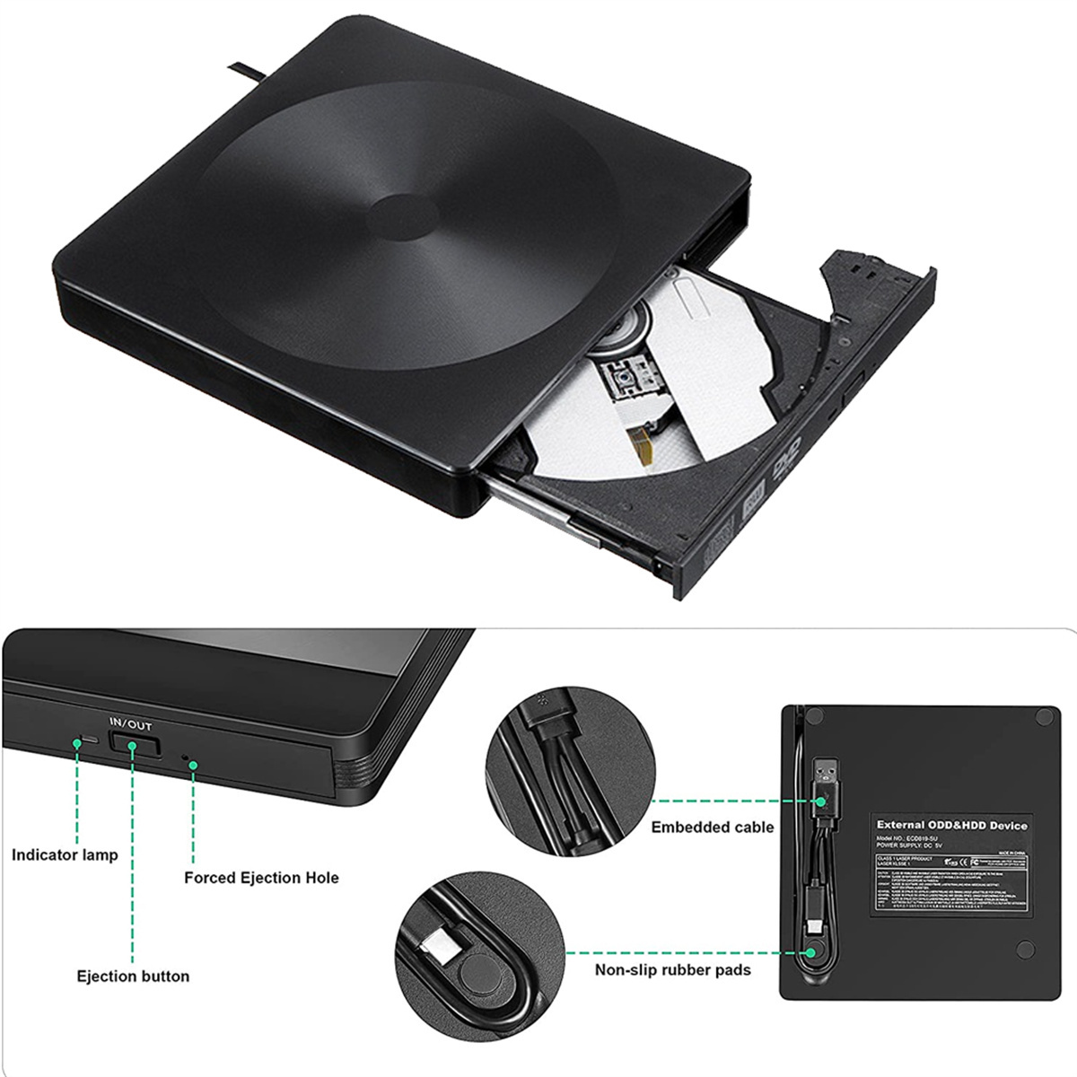 Schwarzes externes DVD/HDD-Gerät mit offenem Fach. Details: Auswurftaste, Kontrollleuchte und rutschfeste Pads.