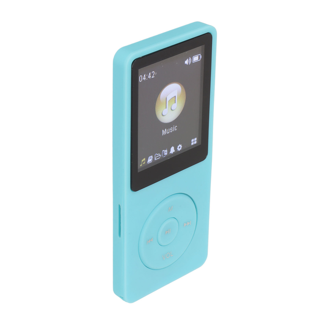 Ein hellblauer MP3-Player mit einem Bildschirm, der Musik und Zeit anzeigt. Er hat ein Zifferblatt und Knöpfe.