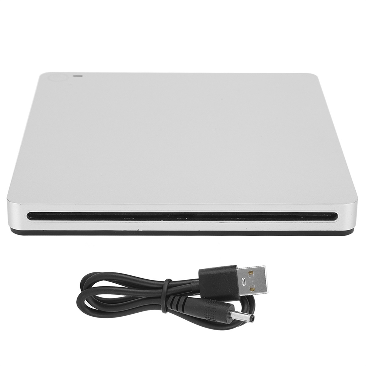 Ein silbernes externes CD/DVD-Laufwerk mit einem USB-Kabel.