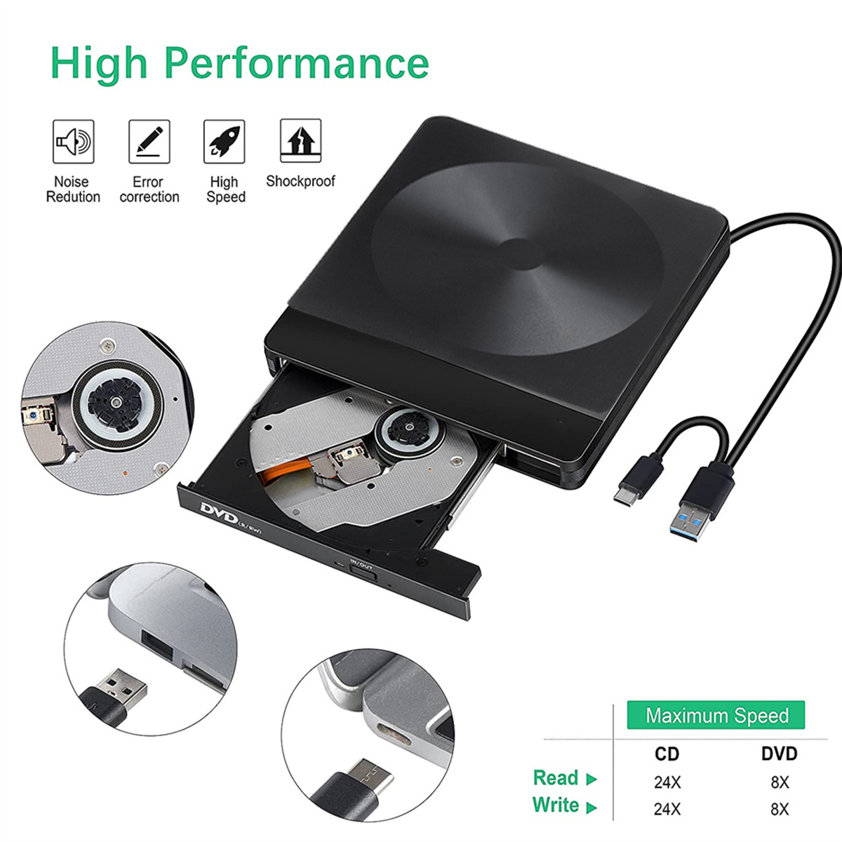 Ein schwarzes DVD-Laufwerk mit eingelegter Disc und USB-Kabel. Text über Geschwindigkeit rechts.