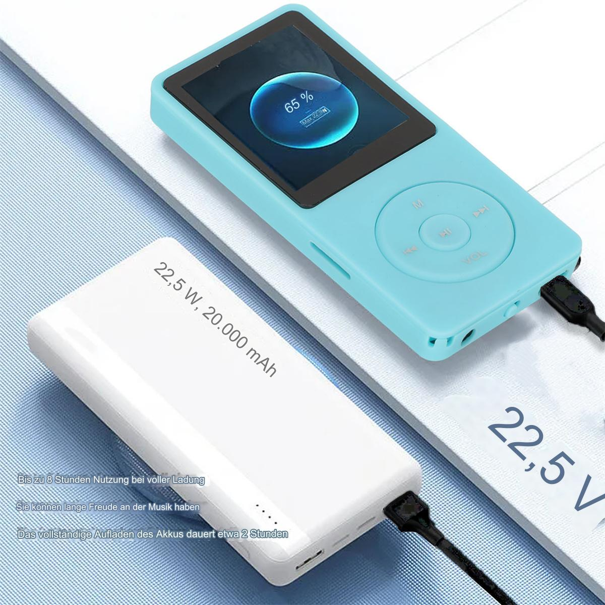 Blauer MP3-Player neben einer weißen Powerbank, verbunden durch ein Kabel.