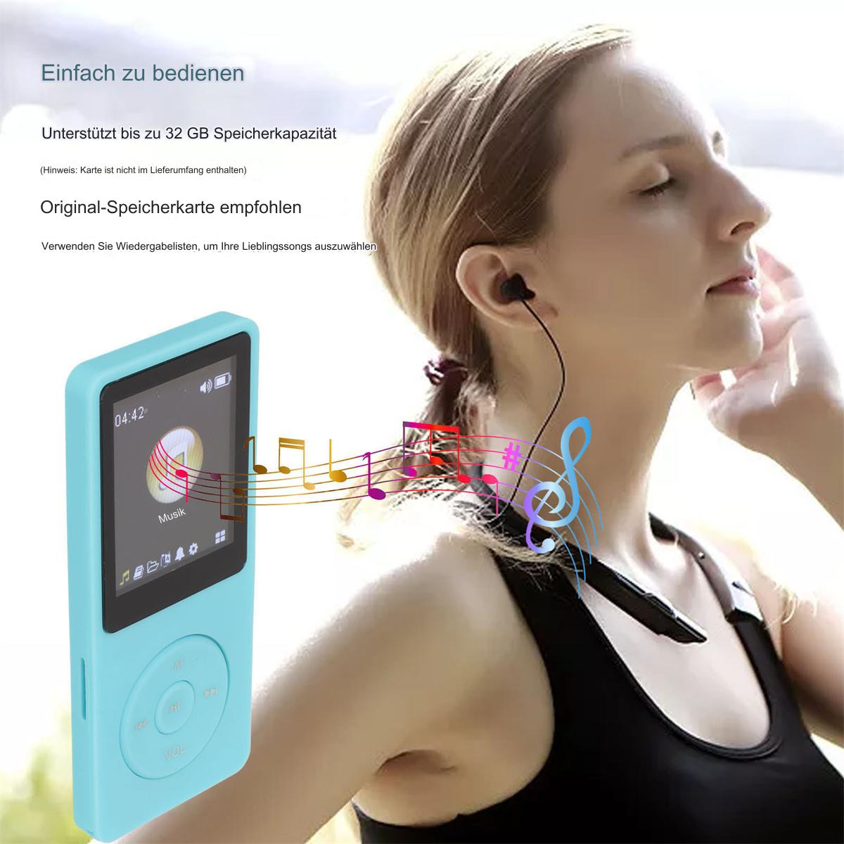Eine Frau in Sportkleidung mit Kopfhörern und einem cyanfarbenen Musikplayer mit Noten.