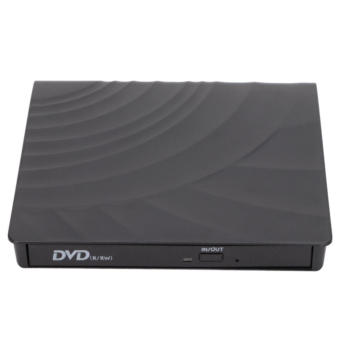 Schwarzes DVD/RW-Laufwerk, Draufsicht, beschriftet mit 'DVD(R/RW)' und 'IN/OUT'.