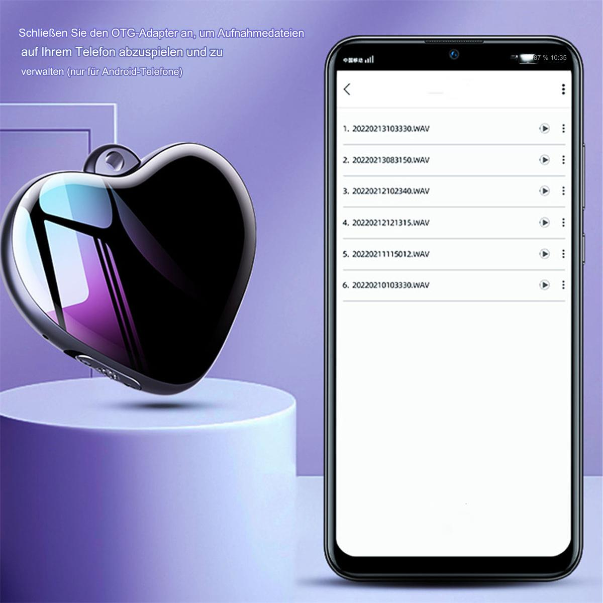 Schwarzes herzförmiges Aufnahmegerät und Smartphone mit Audiodateien.