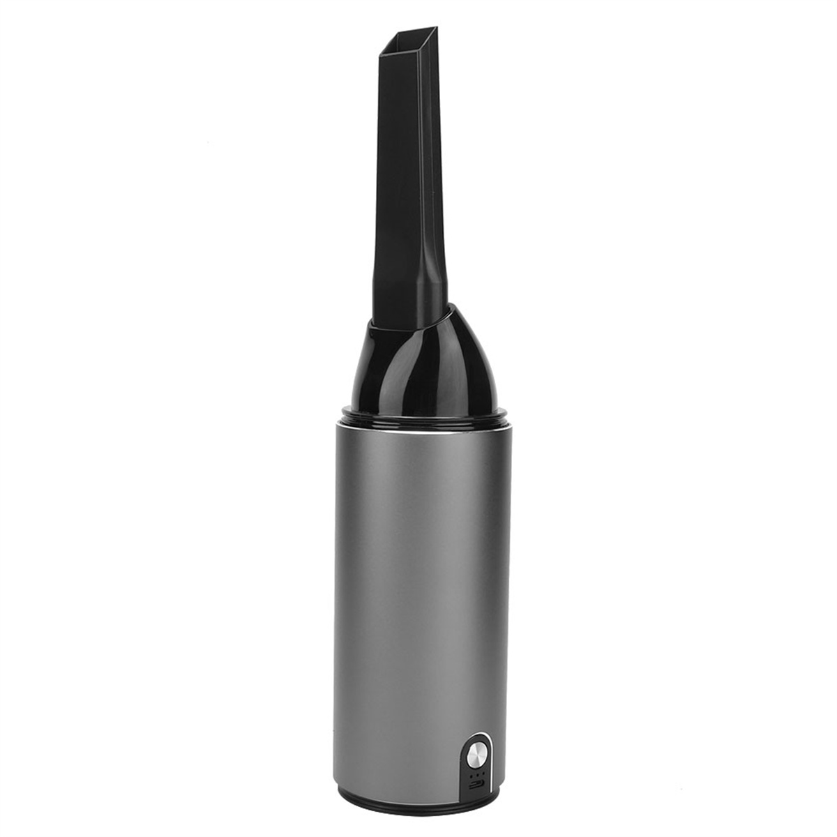 Grauer Handstaubsauger. Schwarze Düse oben, mit Power-Knopf.