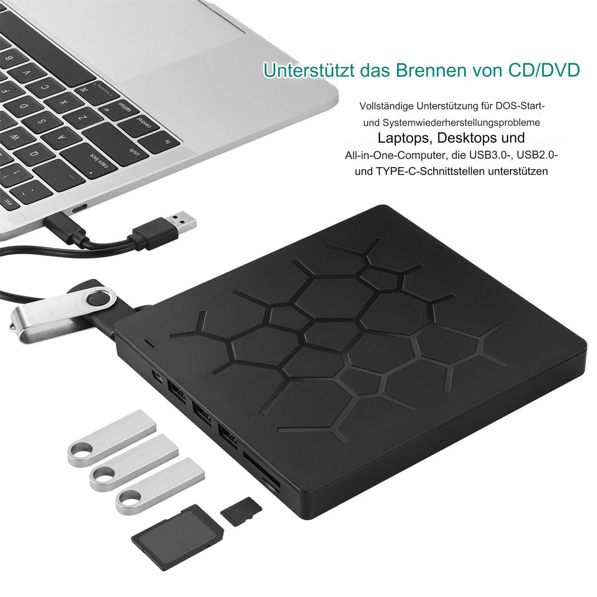 Eine schwarze externe Festplatte mit USB-Laufwerken und SD-Karten.