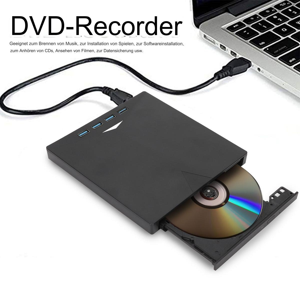 Schwarzer DVD-Recorder, an einen Laptop angeschlossen, mit DVD im Fach.