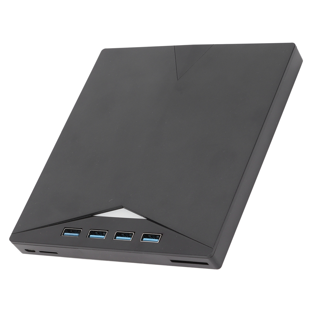 Ein schwarzer USB-Hub mit vier blauen USB-Anschlüssen. Das Produkt befindet sich auf einer weißen Oberfläche.