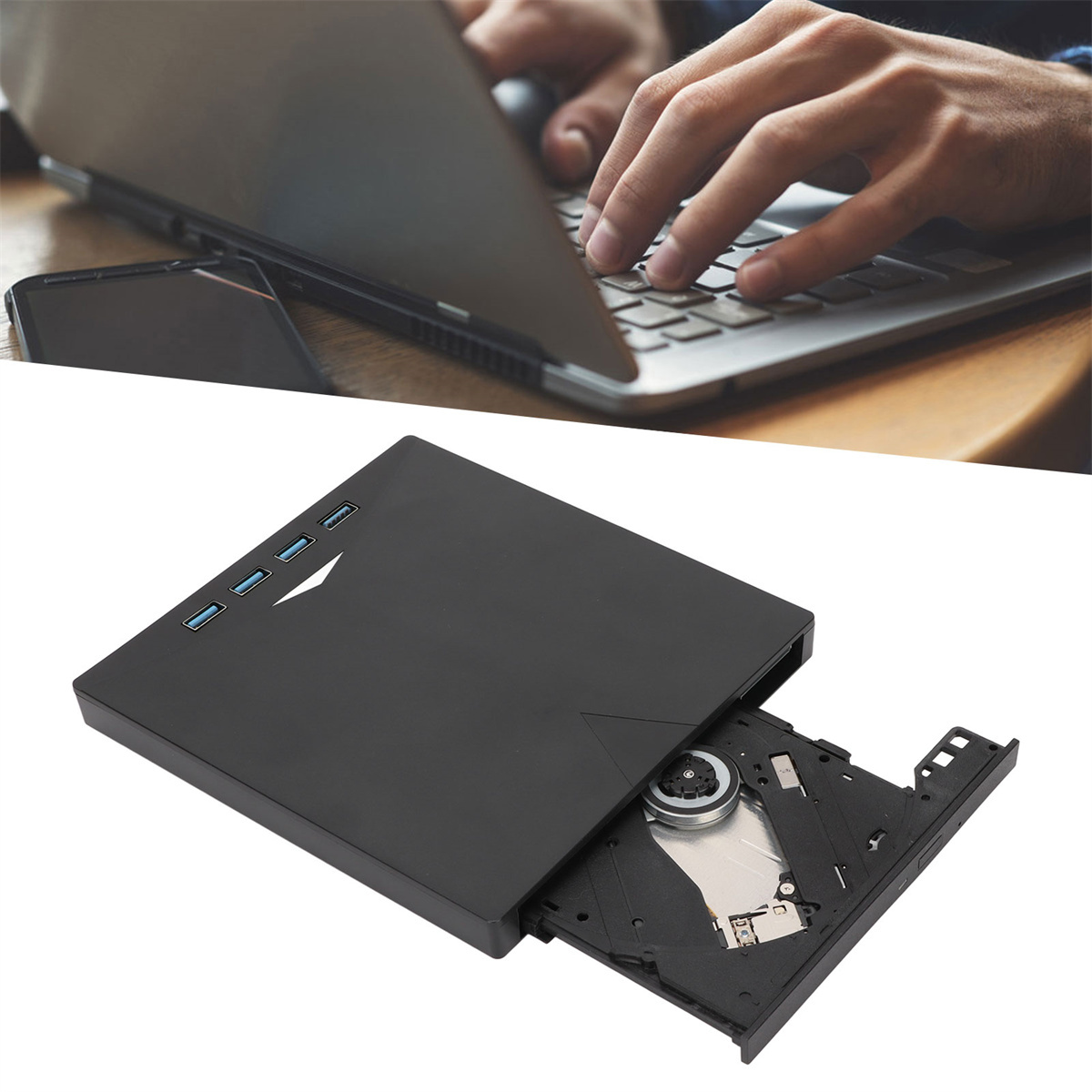 Laptop mit externem schwarzem CD/DVD-Laufwerk mit Schublade.
