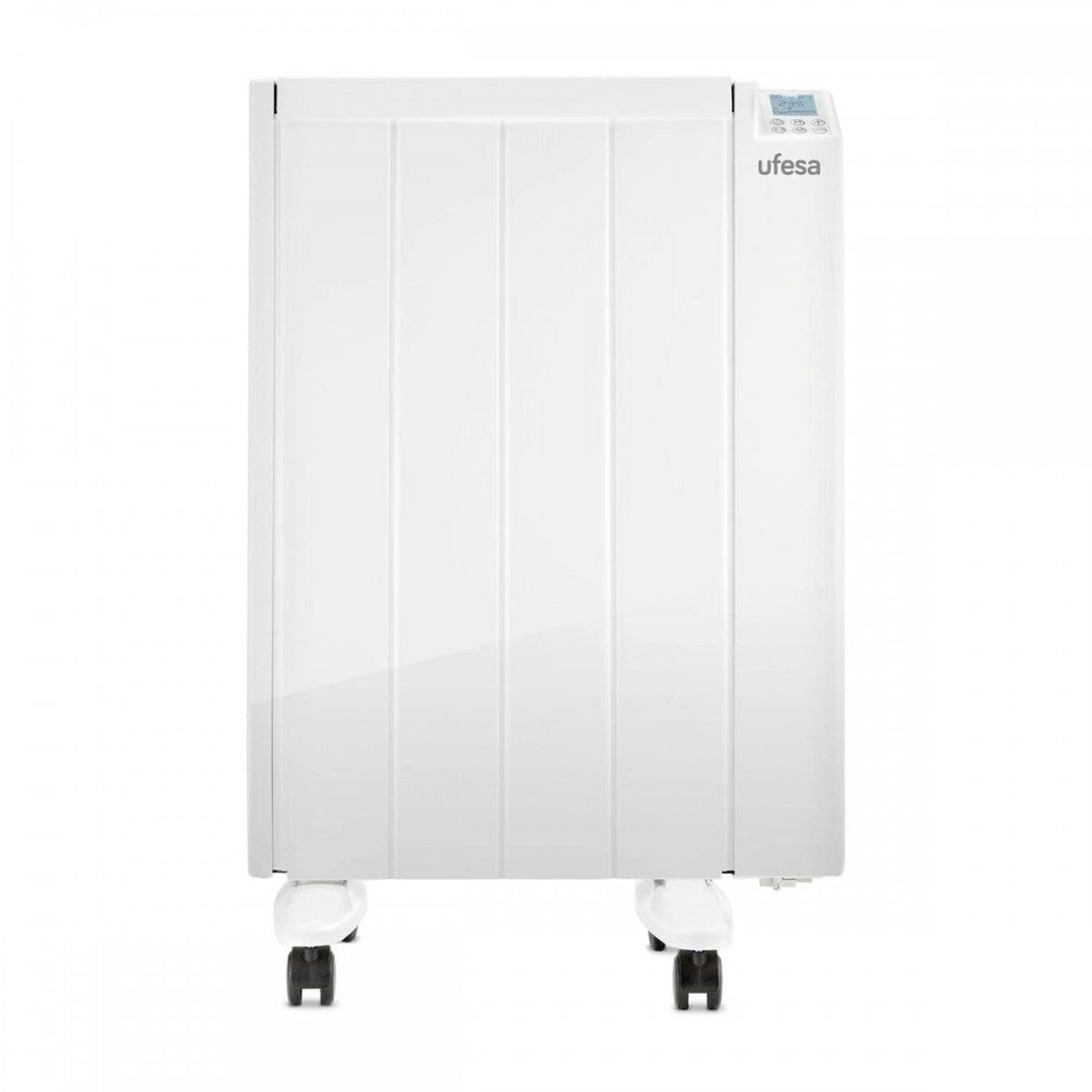 Un calefactor eléctrico blanco Ufesa con ruedas y pantalla digital.