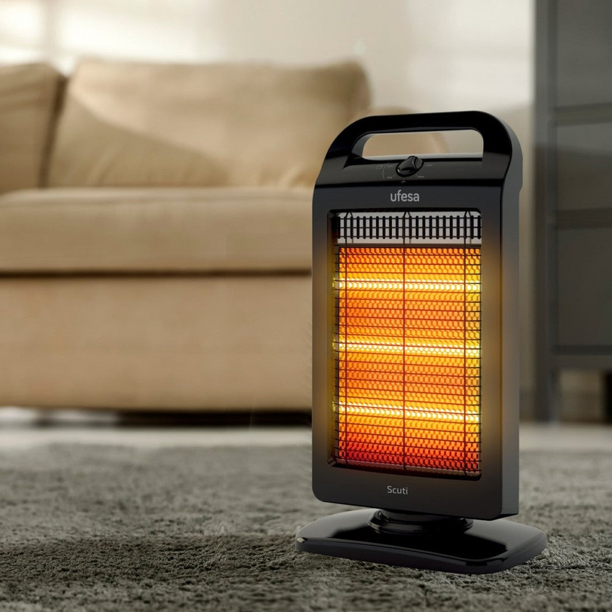 Calentador eléctrico negro con brillo naranja, sobre una alfombra.
