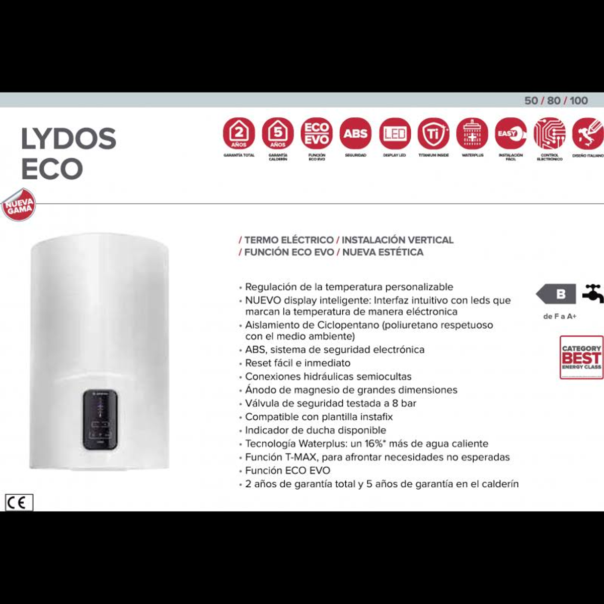 Calentador de agua blanco con texto en español. Incluye diagramas, etiquetas y clase energética 'B'.