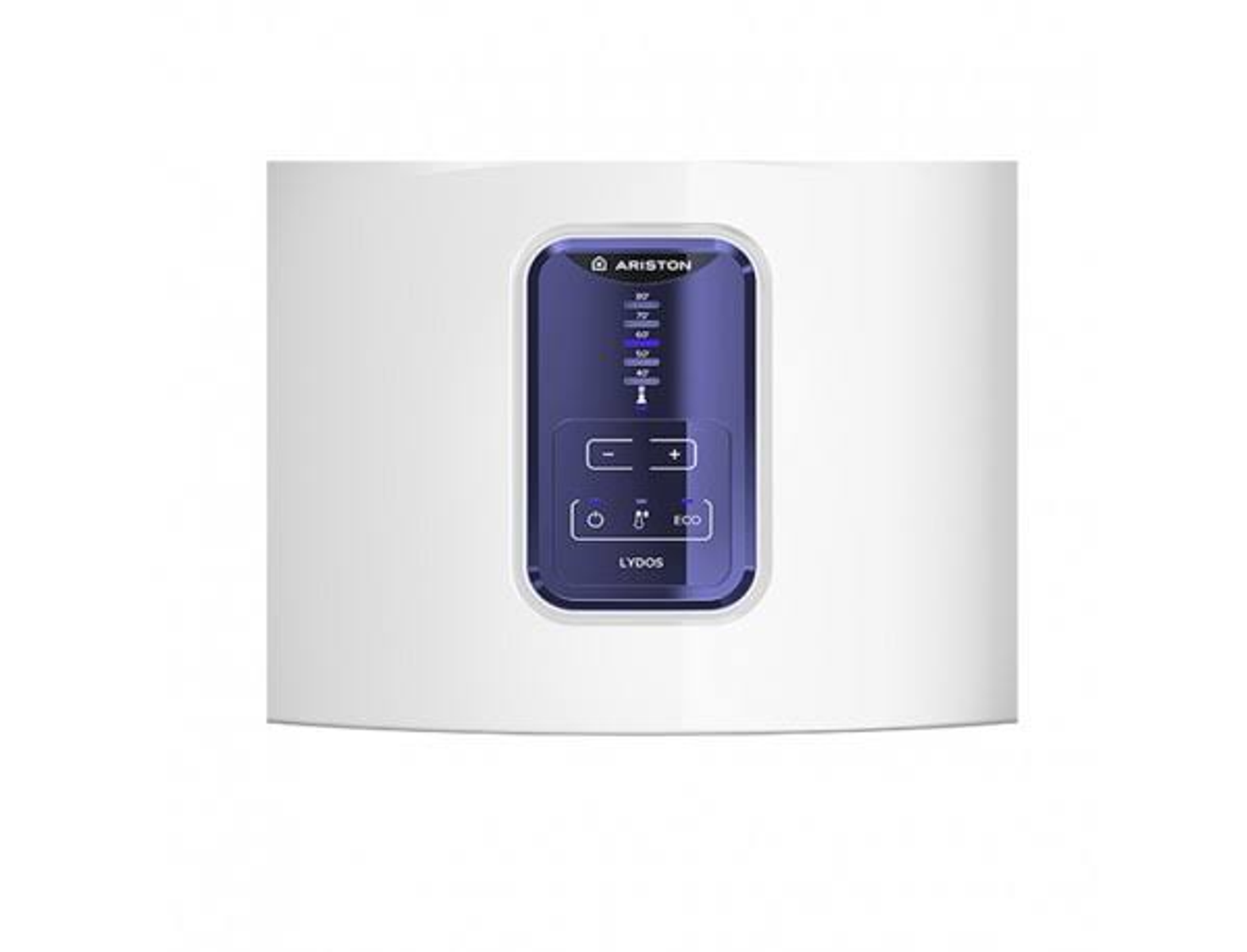 Calentador de agua blanco con panel de control azul que muestra los ajustes de temperatura.