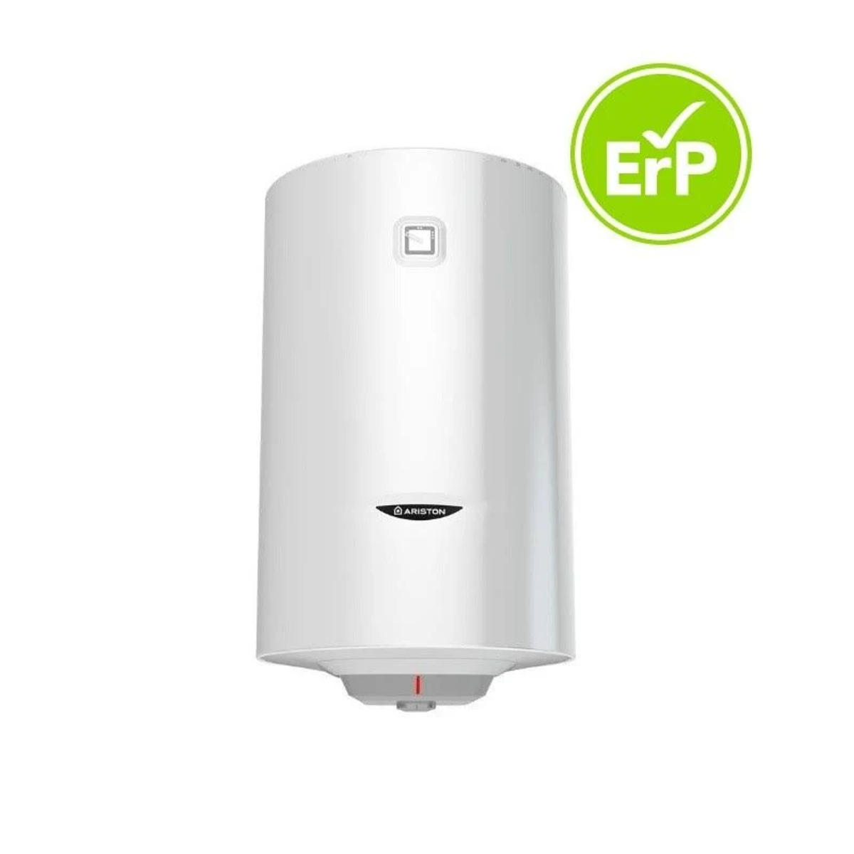 Calentador de agua Ariston blanco con etiqueta ERP, aislado sobre blanco.