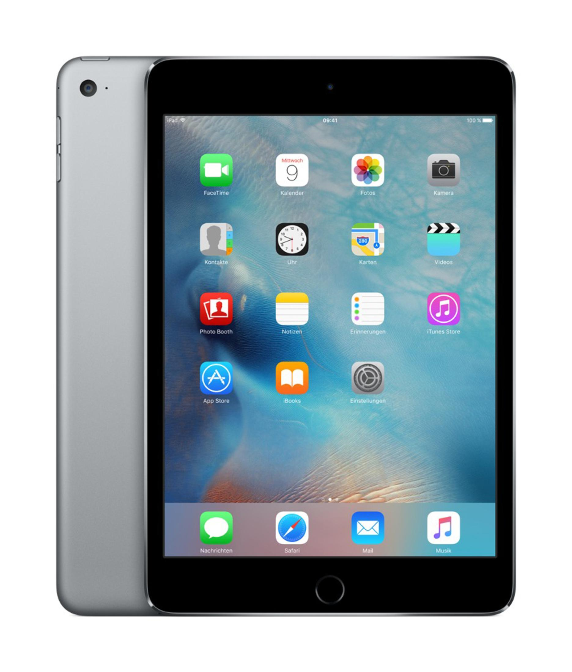 Ein silbernes iPad auf Weiß, das den Bildschirm mit Apps und Symbolen und die Rückseite zeigt.