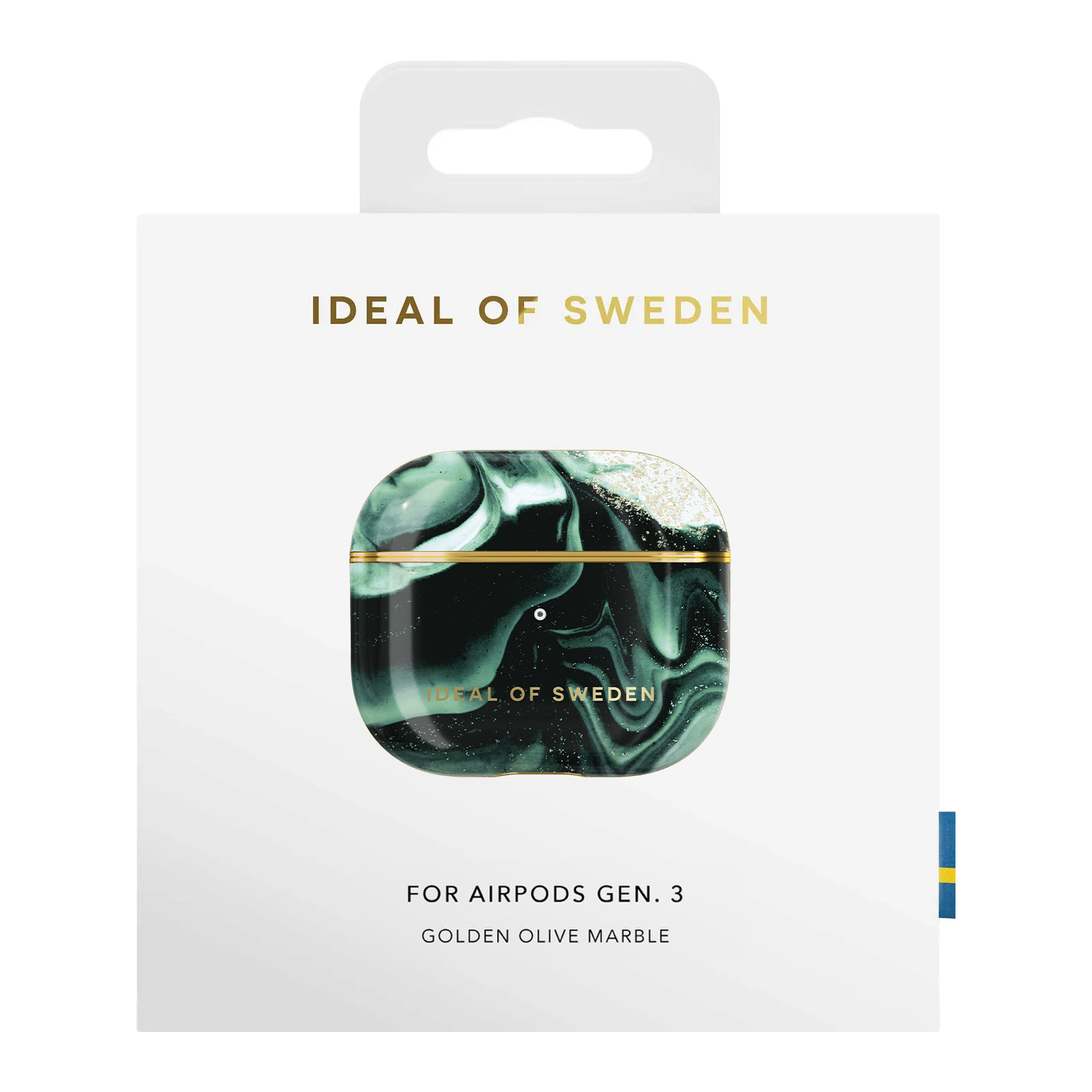 AirPods-Etui in einer weißen Box mit grünem Marmordesign und goldenen Akzenten. Der Text IDEAL OF SWEDEN steht darauf.