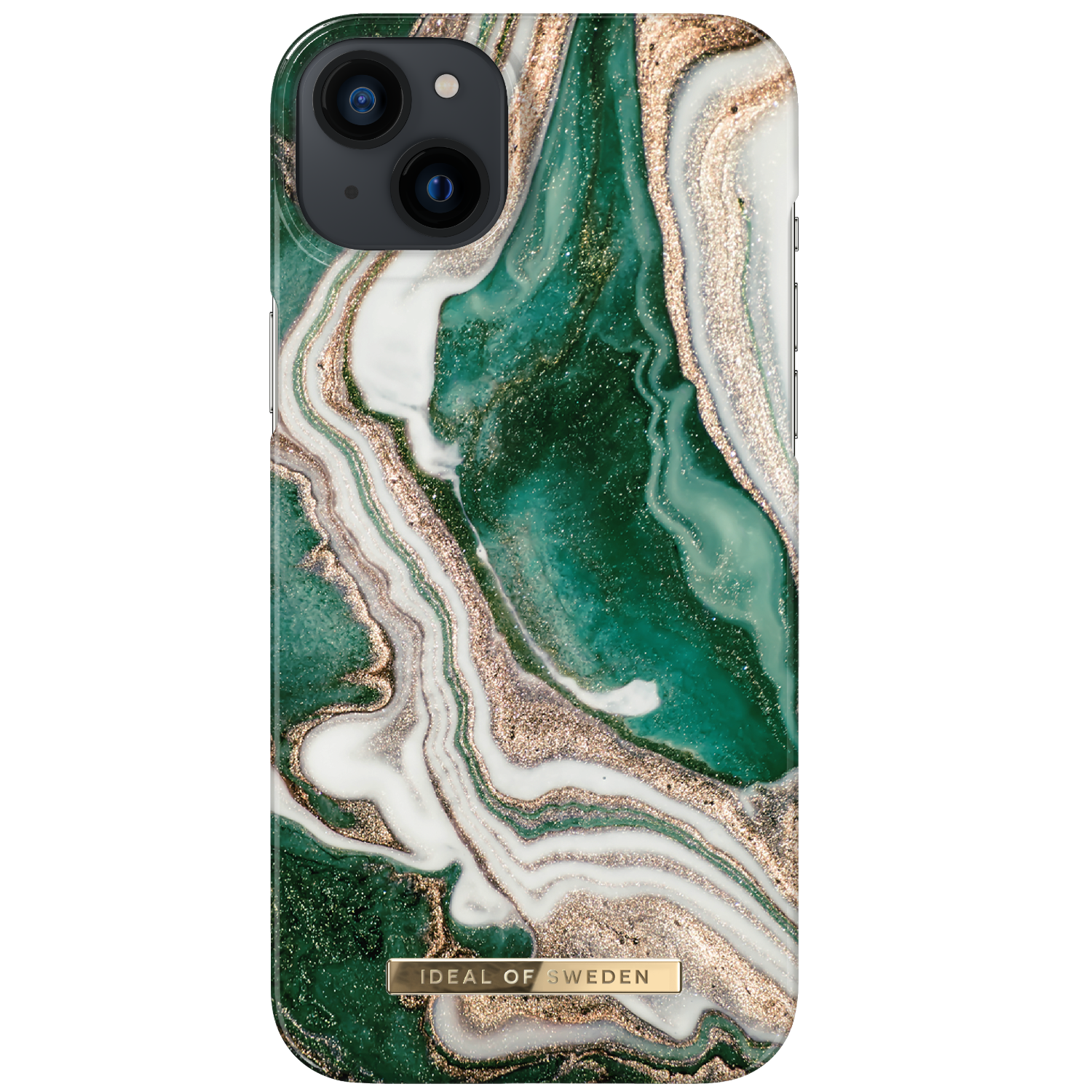Eine Smartphone-Hülle mit grünem Marmor-Design mit goldenen Akzenten, mit dem IDEAL OF SWEDEN-Logo.