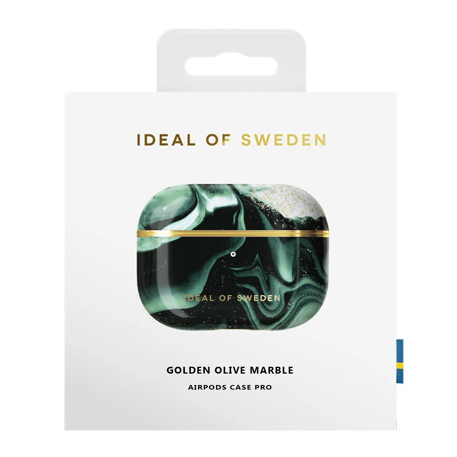 AirPods-Hülle in Box. Goldenes Olivenmarmor-Design. Weiße Box mit Goldrand, Ideal of Sweden.