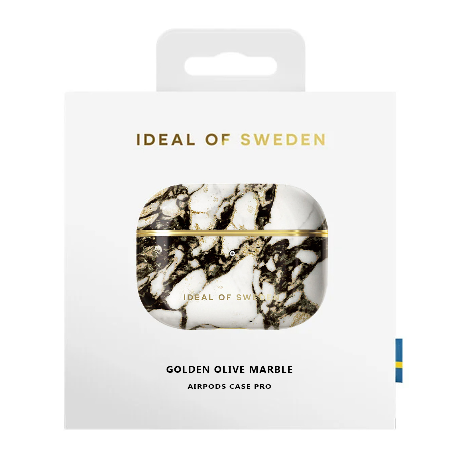 Una funda de AirPods de mármol blanco y dorado con el logotipo IDEAL OF SWEDEN y una etiqueta de mármol oliva dorado.