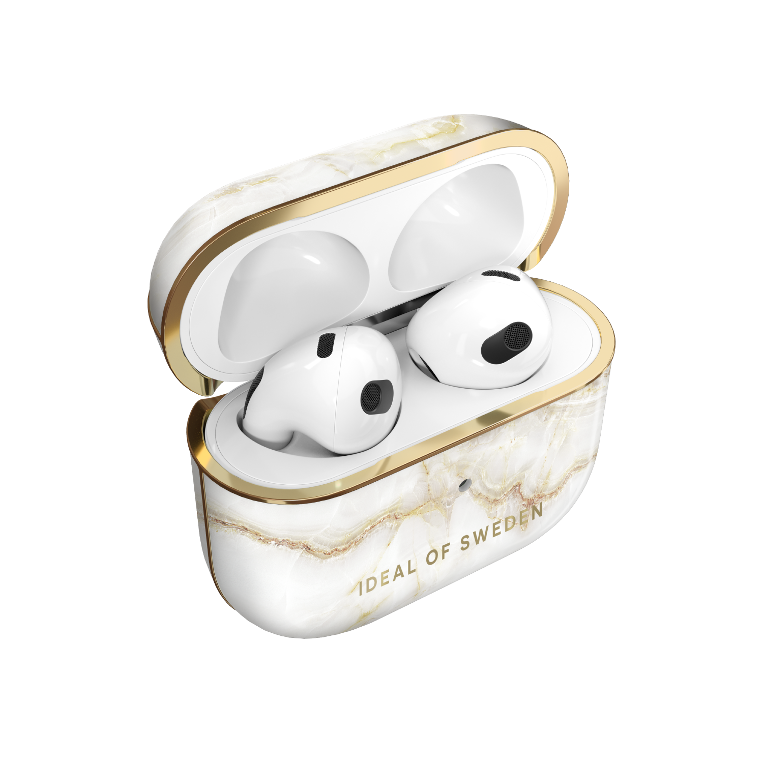 Weiß-gold marmoriertes AirPods-Etui mit weißen AirPods darin, auf schwarzem Hintergrund.