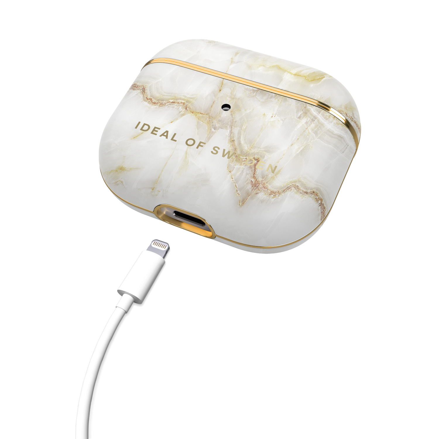 Weißes AirPods-Case mit Marmormuster, goldenem Rand und weißem Ladekabel. Das Case befindet sich auf schwarzem Grund.