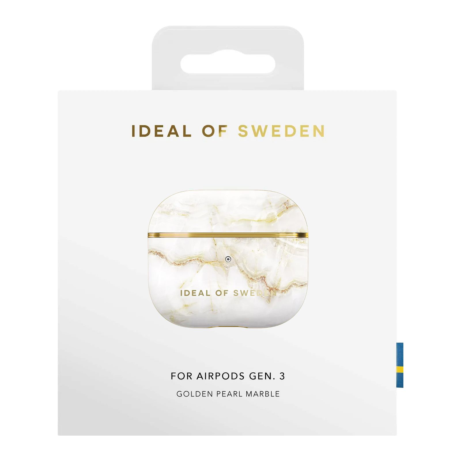 Eine weiße Box mit den Worten 'IDEAL OF SWEDEN' und einer AirPods-Hülle mit Marmormuster darin.