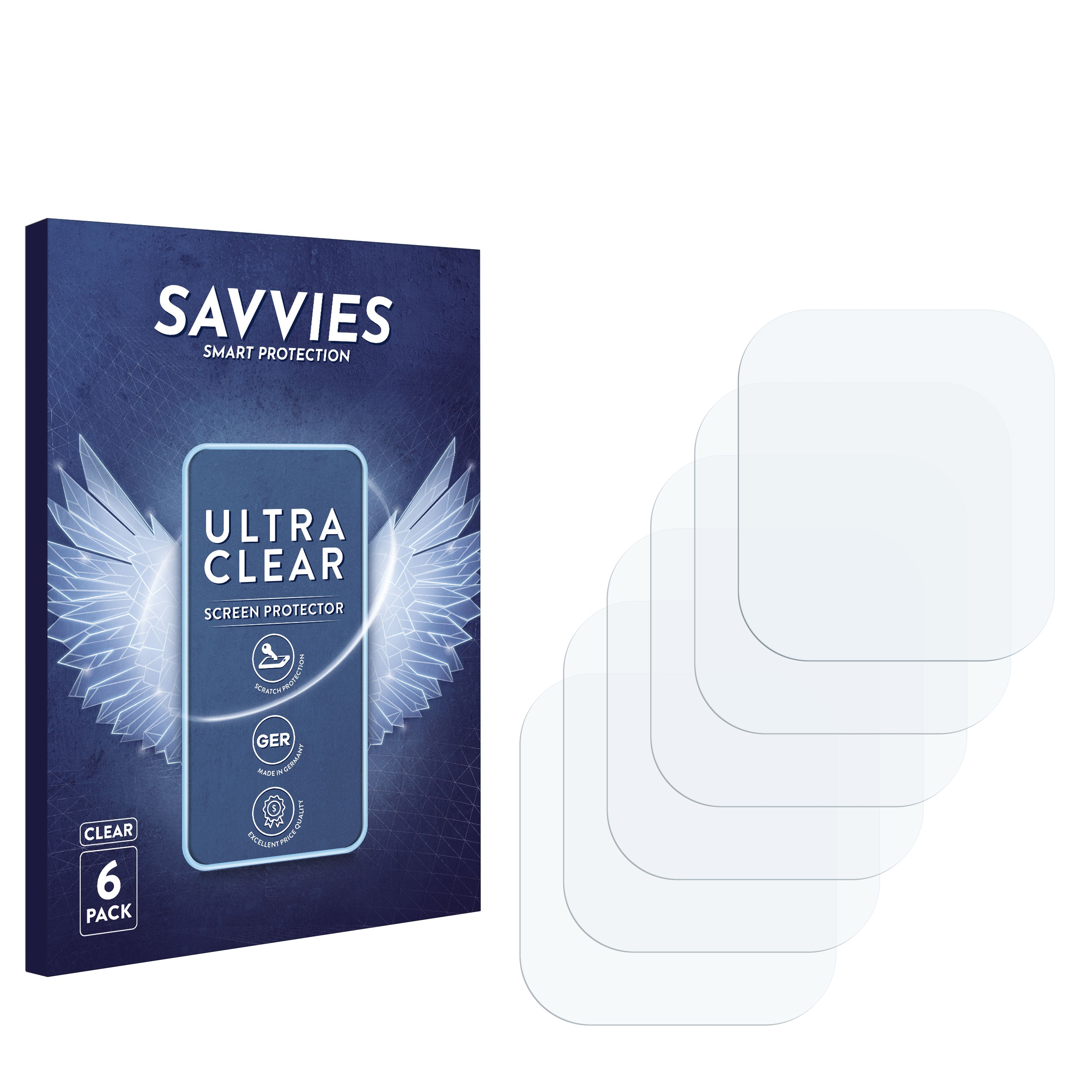 Displayschutzfolienpackung und Schutzfolien. Klare, quadratische Displayschutzfolien.