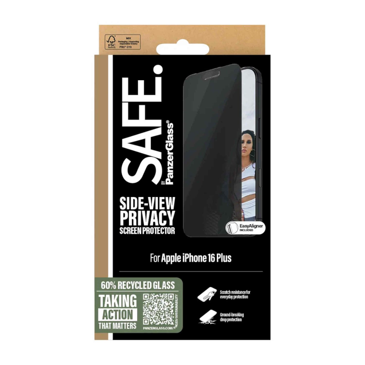 Zwarte telefoon-schermbeschermerdoos met een telefoonillustratie. Tekst: SIDE-VIEW PRIVACY SCREEN PROTECTOR.