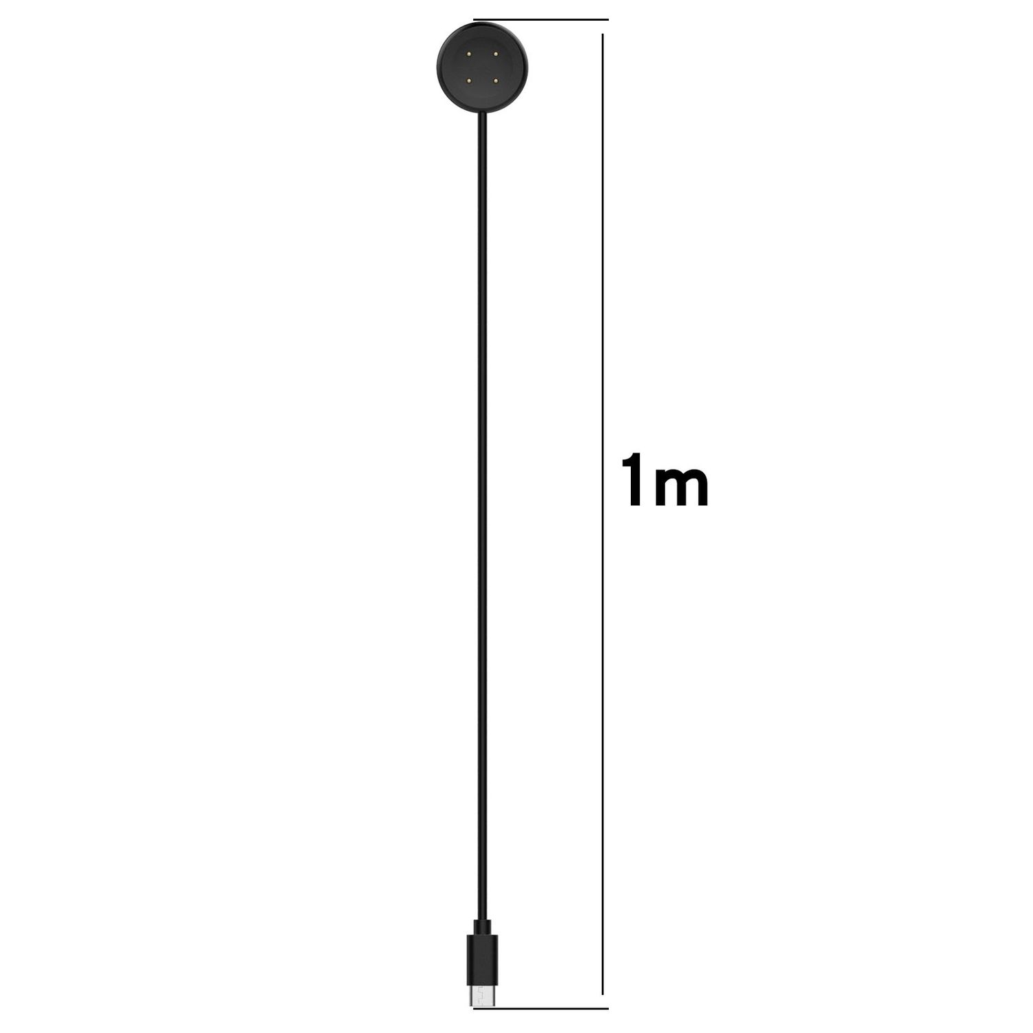 Schwarzes Ladekabel mit rundem Ladekopf und USB-Anschluss. Das Kabel ist 1 m lang.