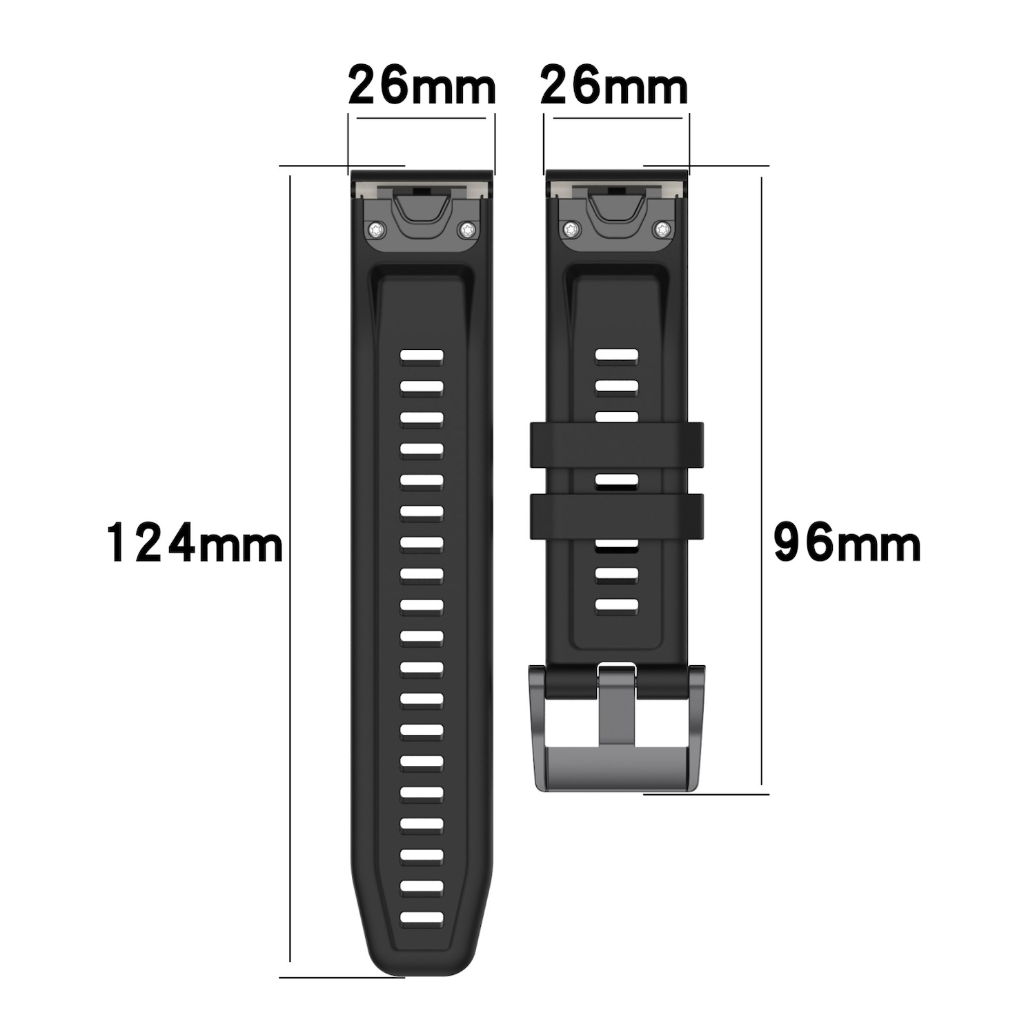 Schwarze Uhrenarmbänder mit den Maßen: 124 mm und 96 mm lang, 26 mm breit. Weißer Hintergrund.